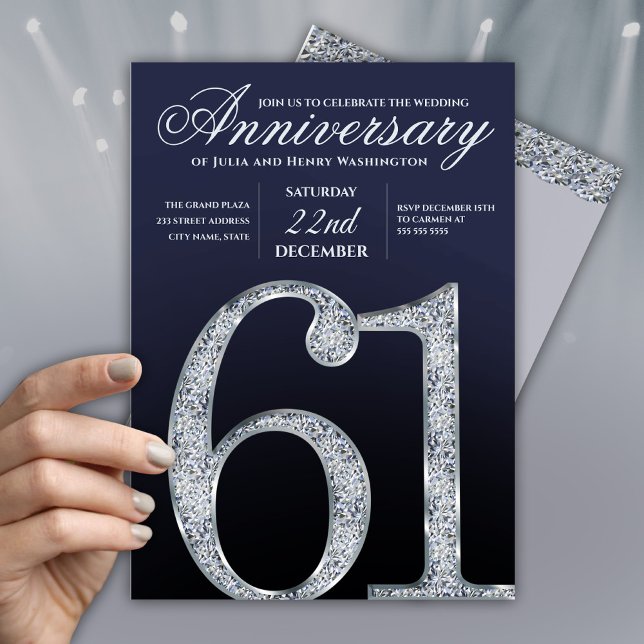 61st Anniversary Diamond Silver Navy Blue Modern Invitation (Creator Uploaded)