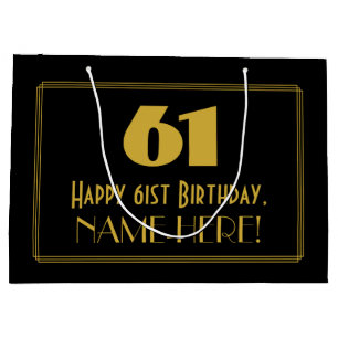 61st Birthday — Art Deco Inspired Look "61" & Name Large Gift Bag