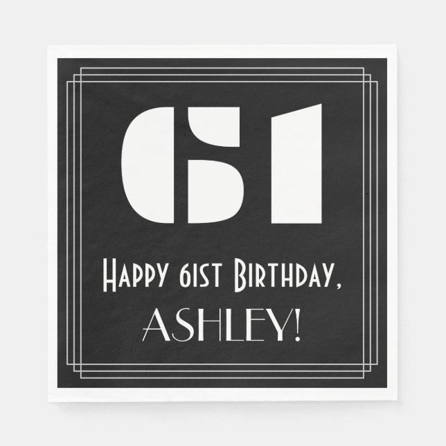 61st Birthday: Art Deco Inspired Look "61" + Name Napkin (Front)
