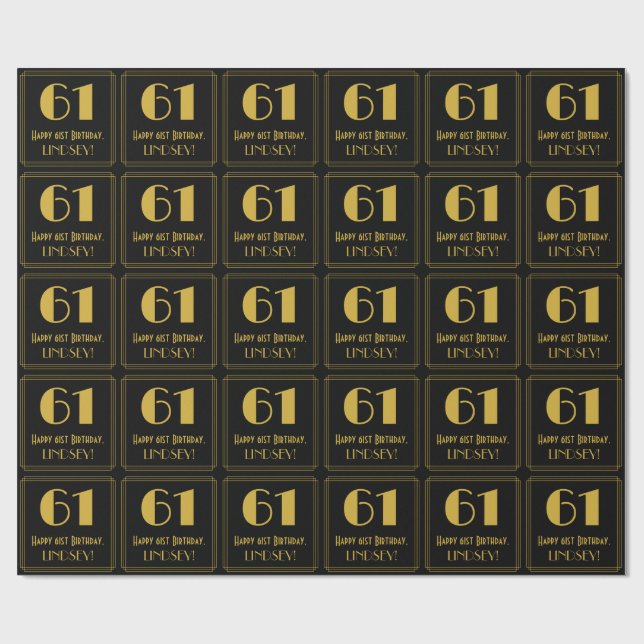 61st Birthday ~ Art Deco Inspired Look "61", Name Wrapping Paper (Flat)