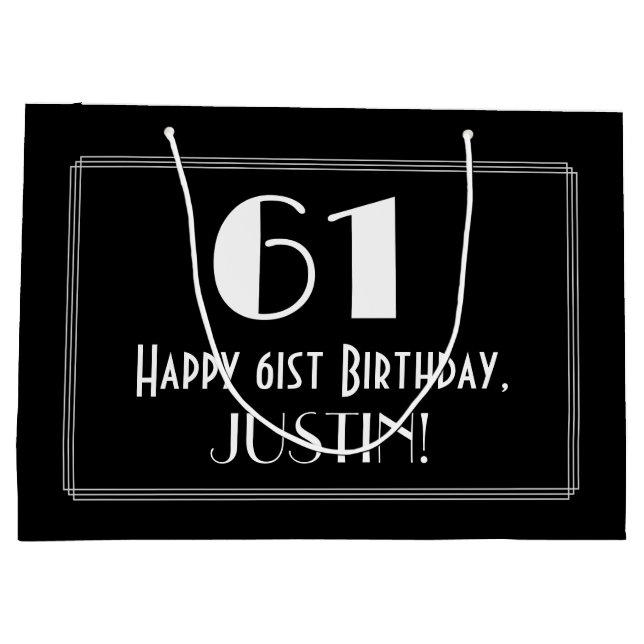 61st Birthday: Art Deco Inspired Style "61", Name Large Gift Bag (Back)