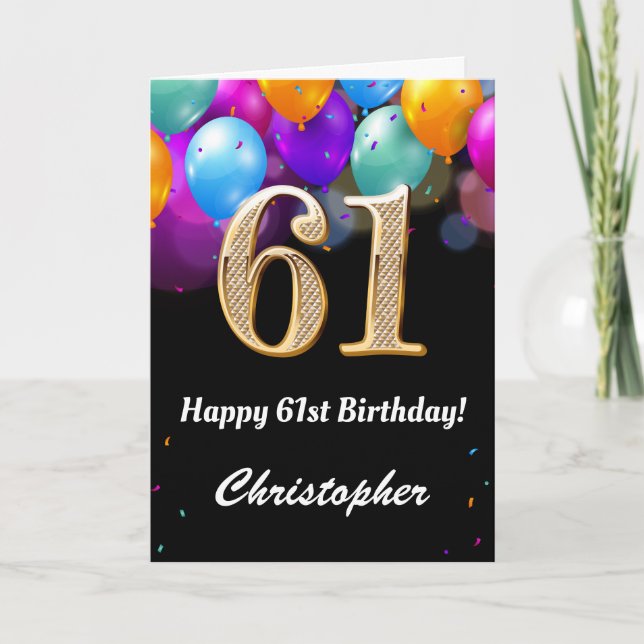 61st Birthday Black and Gold Colourful Balloons Card (Front)