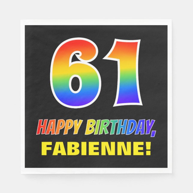 61st Birthday: Bold, Fun, Simple, Rainbow 61 Napkin (Front)