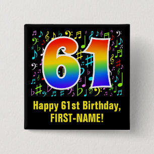 61st Birthday: Colorful Music Symbols, Rainbow 61 15 Cm Square Badge