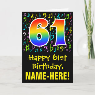 61st Birthday: Colorful Music Symbols + Rainbow 61 Card
