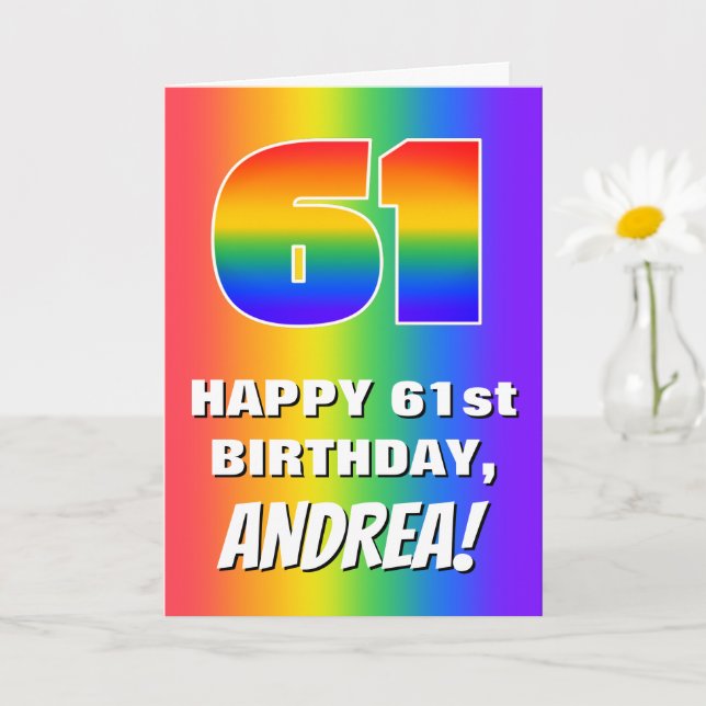 61st Birthday: Colourful, Fun Rainbow Pattern # 61 Card (Small Plant)
