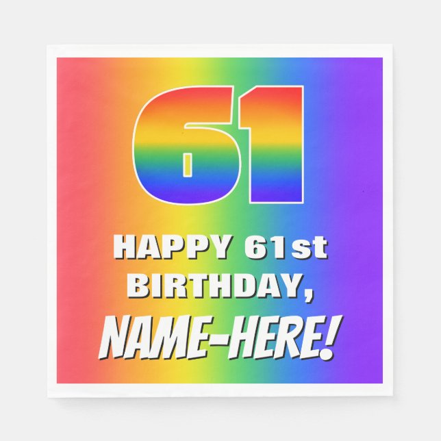 61st Birthday: Colourful, Fun Rainbow Pattern # 61 Napkin (Front)