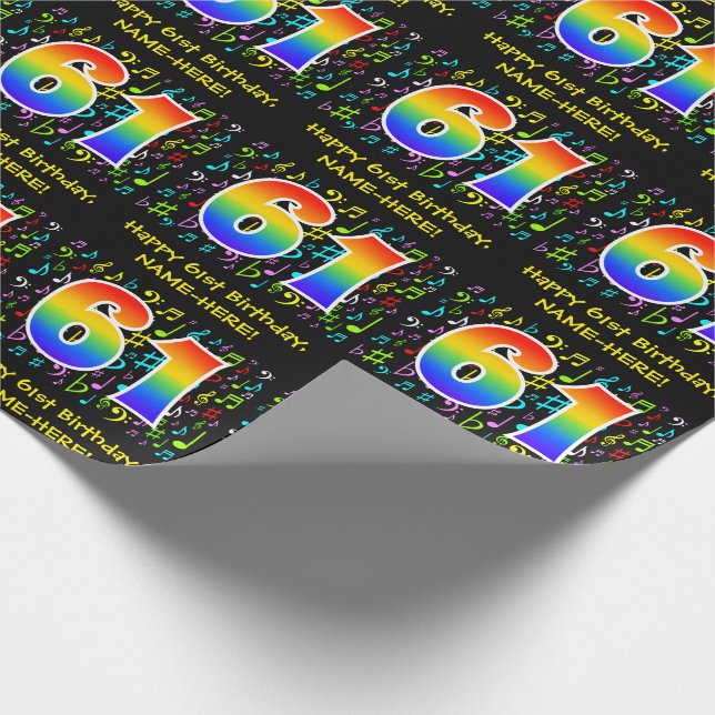 61st Birthday: Colourful Music Symbols, Rainbow 61 Wrapping Paper (Corner)
