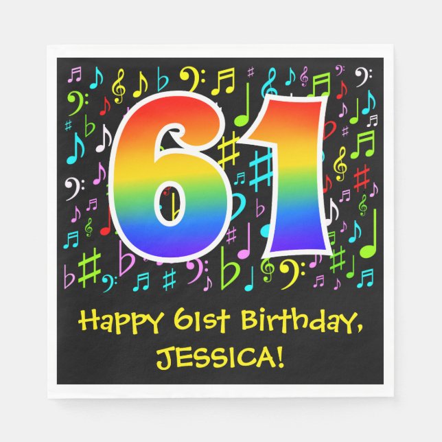 61st Birthday - Colourful Music Symbols, Rainbow 6 Napkin (Front)
