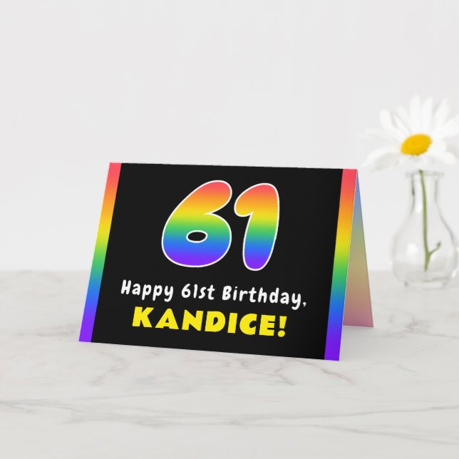 61st Birthday: Colourful Rainbow # 61, Custom Name Card (Small Plant)