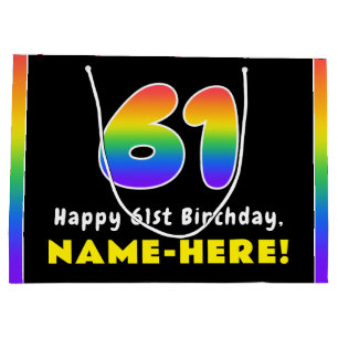 61st Birthday: Colourful Rainbow # 61, Custom Name Large Gift Bag