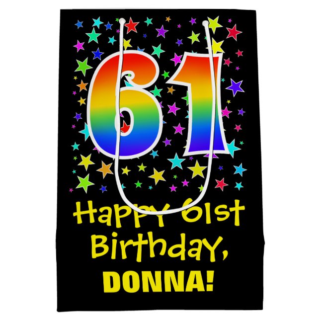61st Birthday: Colourful Stars Pattern & Rainbow 6 Medium Gift Bag (Back)