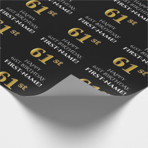 61st Birthday: Elegant, Black, Faux Gold Look Wrapping Paper