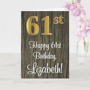 61st Birthday: Elegant Faux Gold Look #, Faux Wood Card