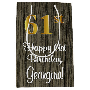 61st Birthday: Elegant Faux Gold Look #, Faux Wood Medium Gift Bag
