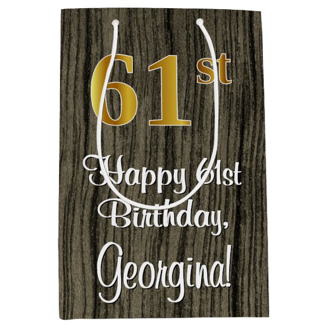 61st Birthday: Elegant Faux Gold Look #, Faux Wood Medium Gift Bag (Front)