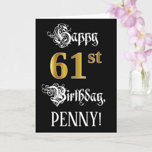 61st Birthday — Fancy Script; Faux Gold Look; Name Card