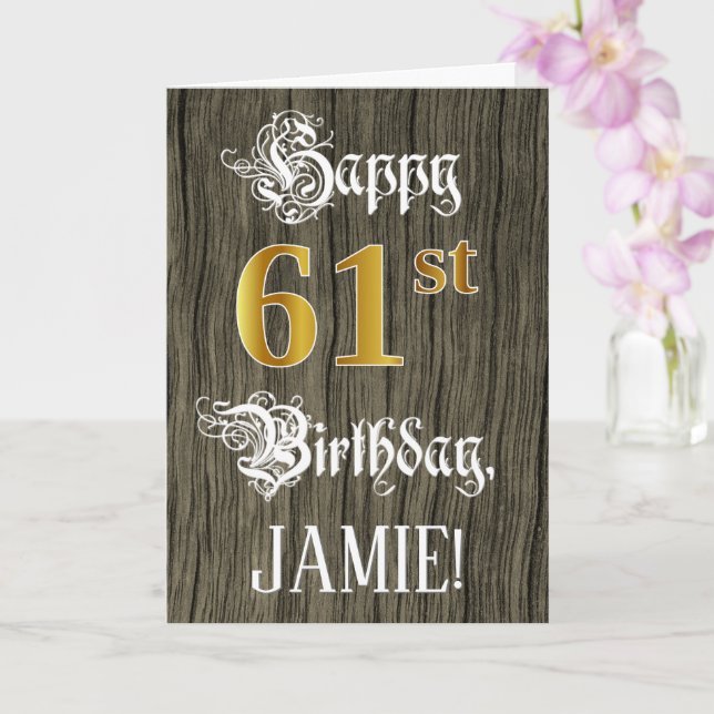 61st Birthday: Faux Gold Look + Faux Wood Pattern Card (Orchid)