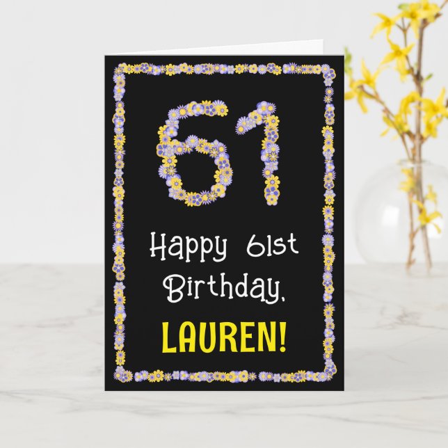 61st Birthday: Floral Flowers Number, Custom Name Card (Yellow Flower)