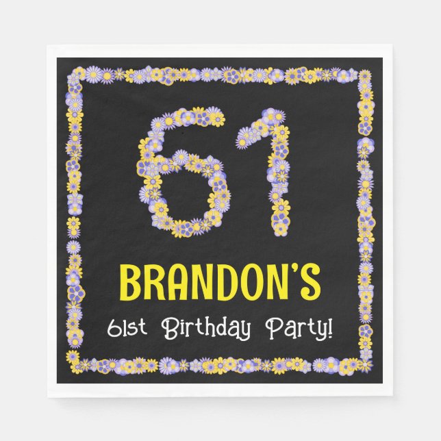 61st Birthday: Floral Flowers Number, Custom Name Napkin (Front)