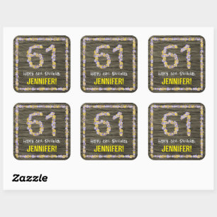 61st Birthday: Floral Number, Faux Wood Look, Name Square Sticker