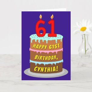 61st Birthday: Fun Cake and Candles + Custom Name Card