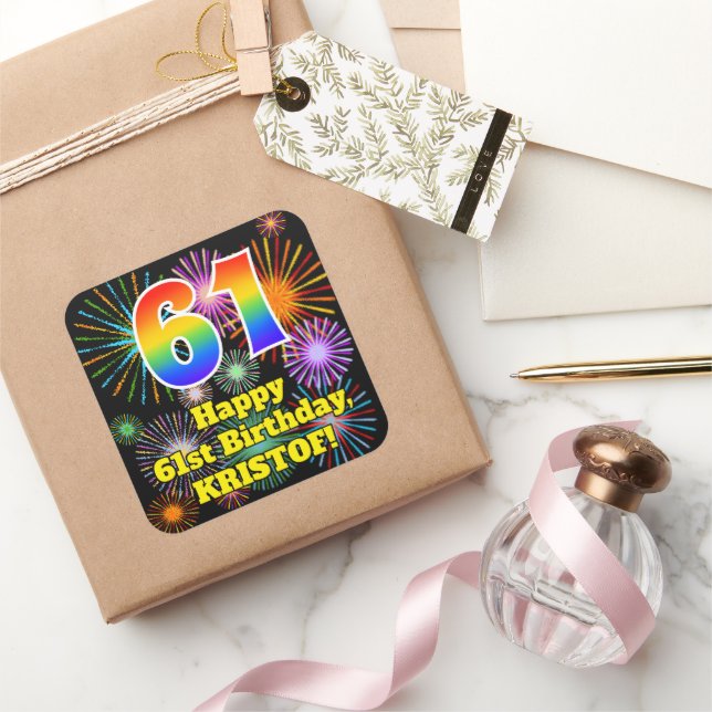 61st Birthday: Fun Fireworks Look, Rainbow # 61 Square Sticker (Gifting)