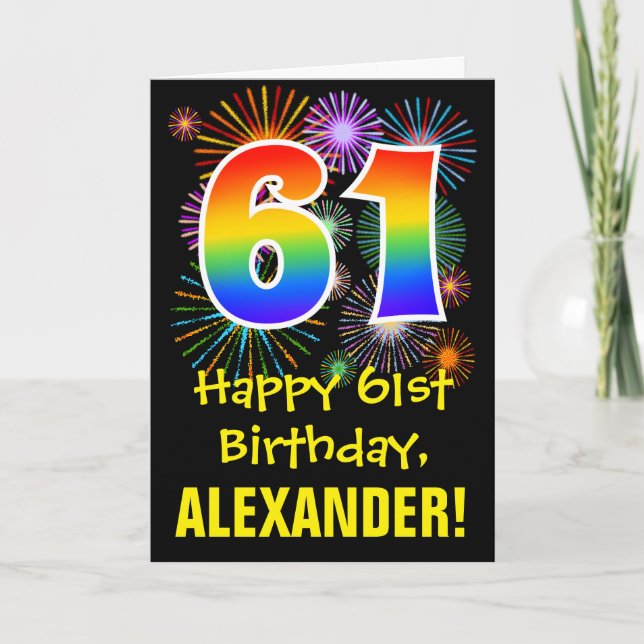 61st Birthday: Fun Fireworks Pattern + Rainbow 61 Card (Front)