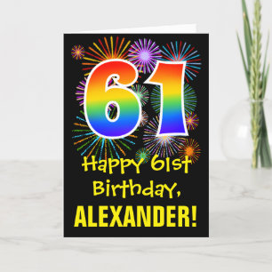 61st Birthday: Fun Fireworks Pattern + Rainbow 61 Card