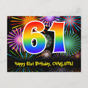 61st Birthday – Fun Fireworks Pattern + Rainbow 61 Postcard