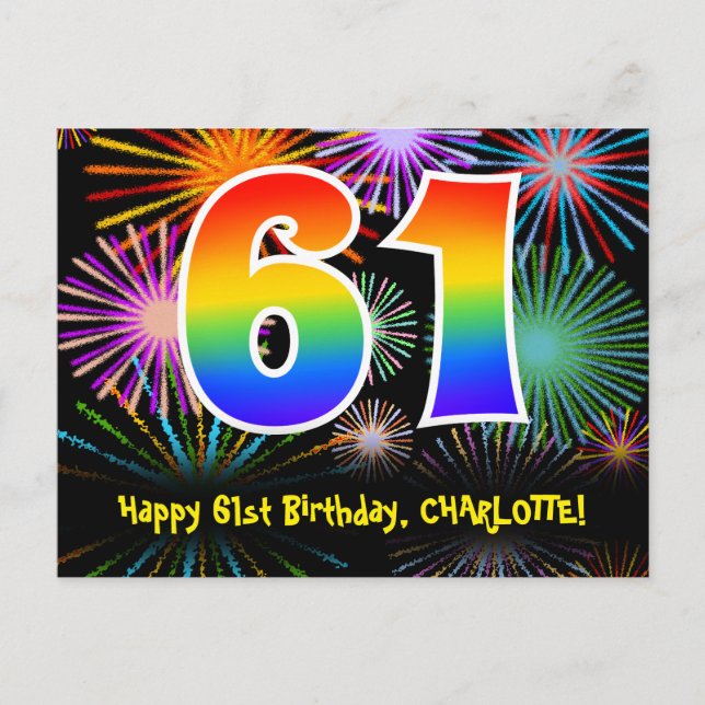 61st Birthday – Fun Fireworks Pattern + Rainbow 61 Postcard (Front)