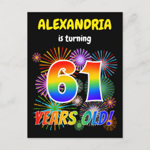 61st Birthday - Fun Fireworks, Rainbow Look "61" Postcard