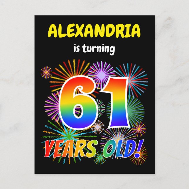 61st Birthday - Fun Fireworks, Rainbow Look "61" Postcard (Front)
