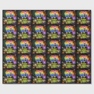 61st Birthday: Fun Fireworks, Rainbow Look # “61” Wrapping Paper