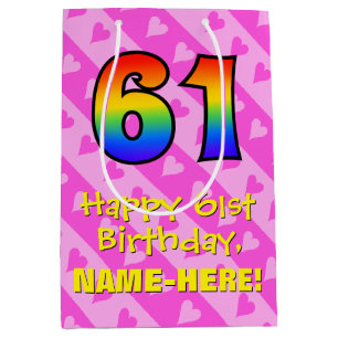 61st Birthday: Fun Pink Hearts Stripes; Rainbow 61 Medium Gift Bag