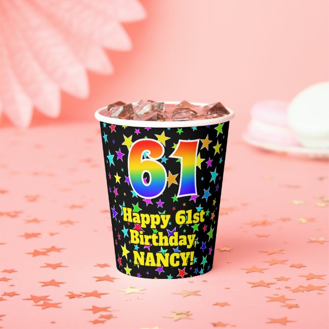61st Birthday: Fun Stars Pattern and Rainbow 61 Paper Cups (Insitu)