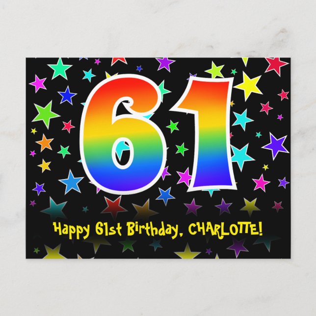 61st Birthday: Fun Stars Pattern, Rainbow 61, Name Postcard (Front)
