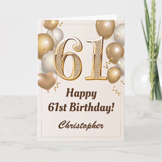 61st Birthday Gold Balloons and Confetti Birthday Card (Front)
