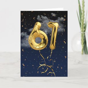 61st Birthday Gold Mylar Balloon and Confetti Card