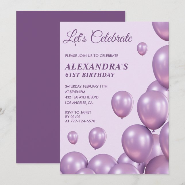 61st birthday invitations Balloons Chic Purple (Front/Back)