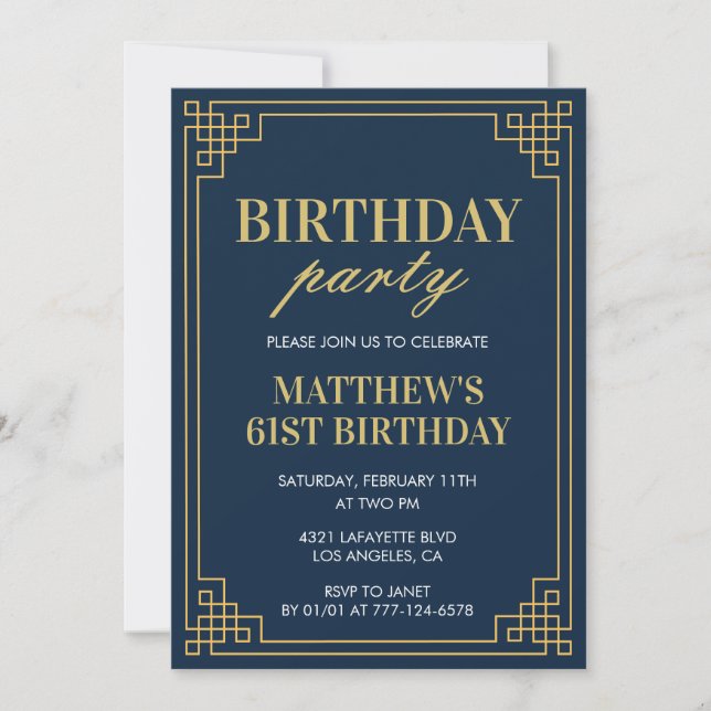 61st birthday invitations Birthday party boy navy (Front)