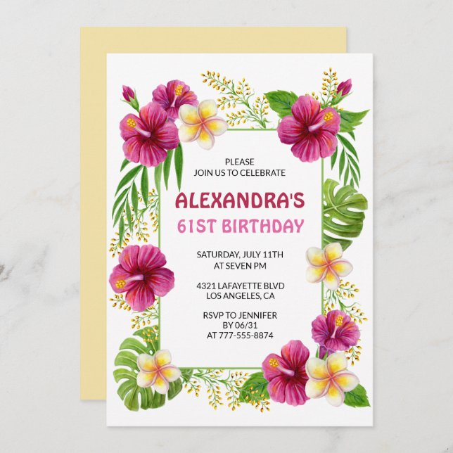 61st birthday invitations Tropical Floral Pink (Front/Back)
