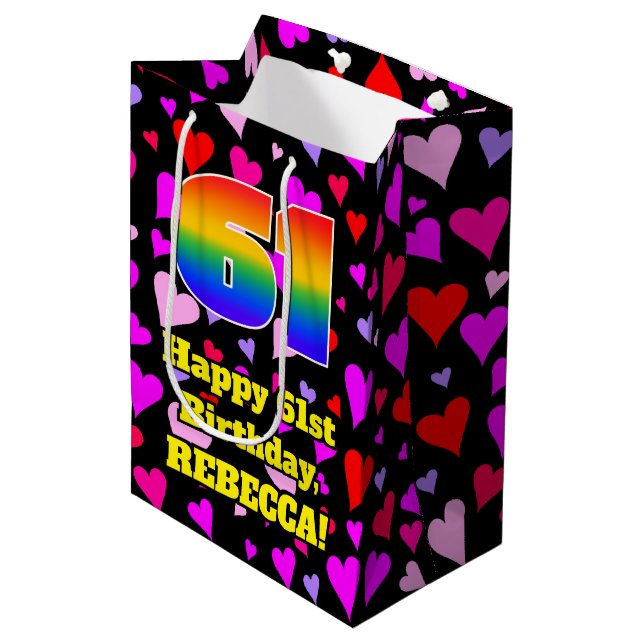 61st Birthday: Loving Hearts Pattern, Rainbow # 61 Medium Gift Bag (Front Angled)