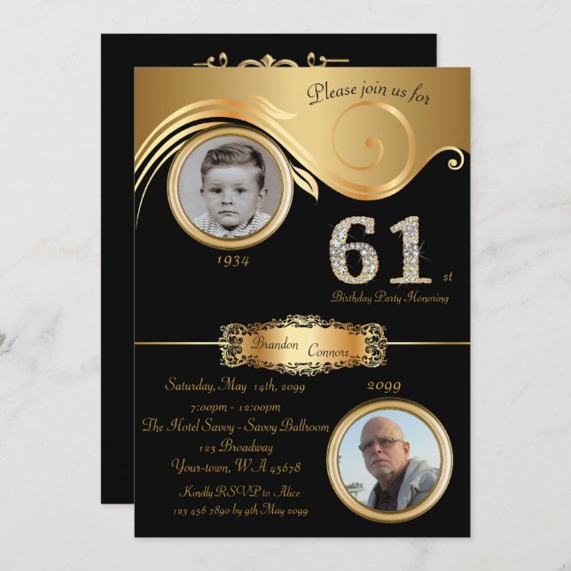61st,Birthday Man 61st,elegant art deco,black gold Invitation (Front/Back)