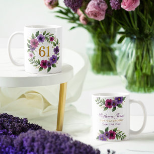 61st Birthday Mug – Floral Wreath with Gold Number