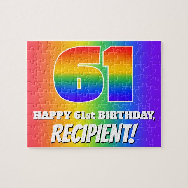61st Birthday — Multicolored Rainbow Pattern “61” Jigsaw Puzzle (Horizontal)