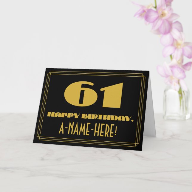 61st Birthday: Name + Art Deco Inspired Look "61" Card (Orchid)
