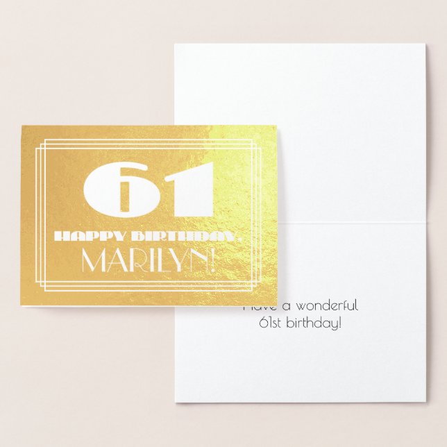 61st Birthday: Name + Art Deco Inspired Look "61" Foil Card (Display)