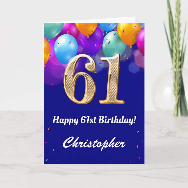 61st Birthday Navy Blue and Gold Colourful Balloon Card (Front)