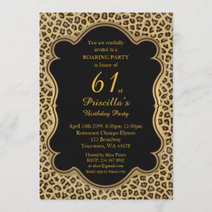 61st,Birthday Party 61st,Cheetah, Black & Gold Invitation